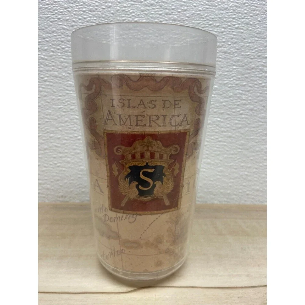 Vintage Thermo Serve Double Wall Plastic Islas De America Map Tumbler Large 20oz